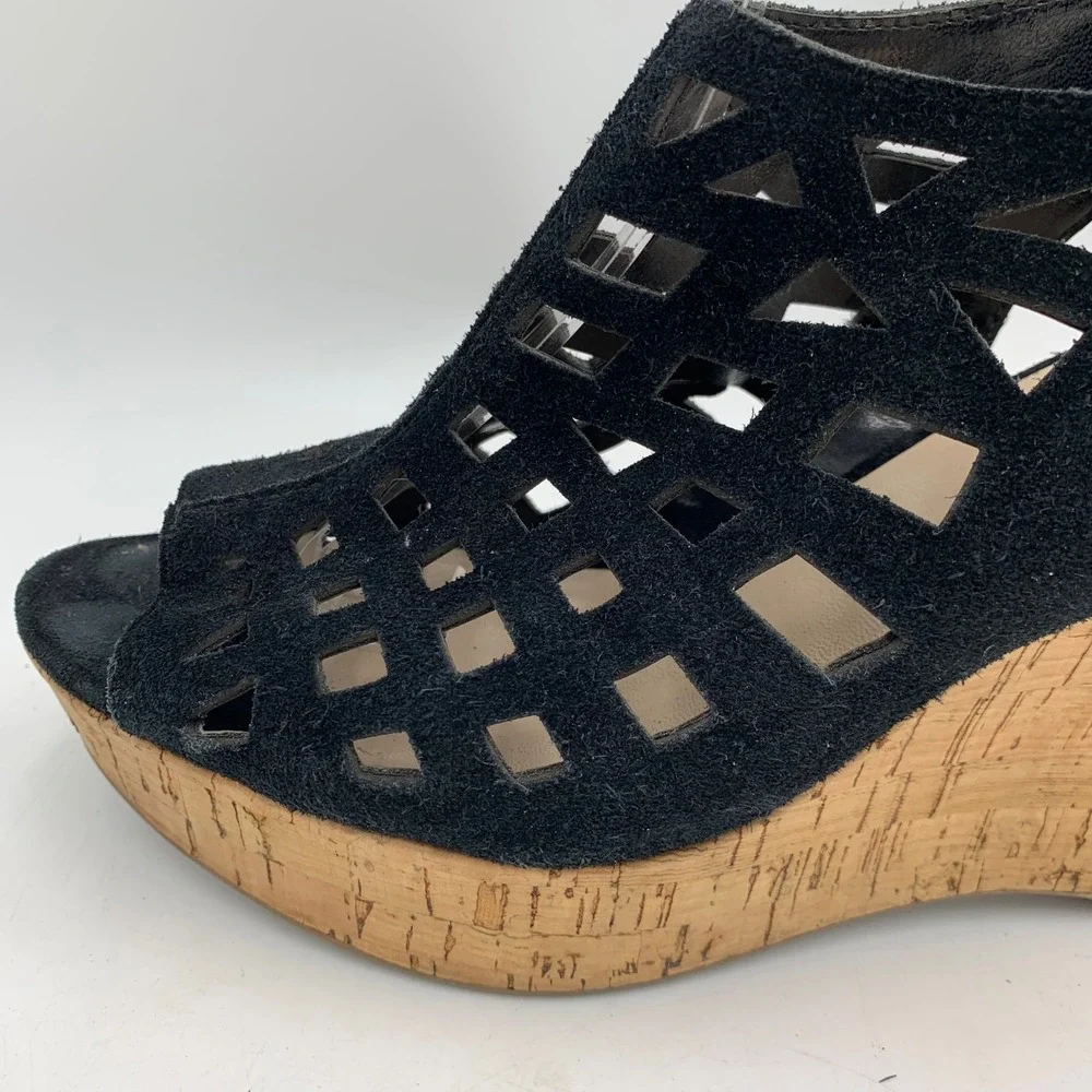 Franco Sarto Black Suede‎ Sandal Cage Wedge Platform Chunky Strappy Sassy Sz 10M